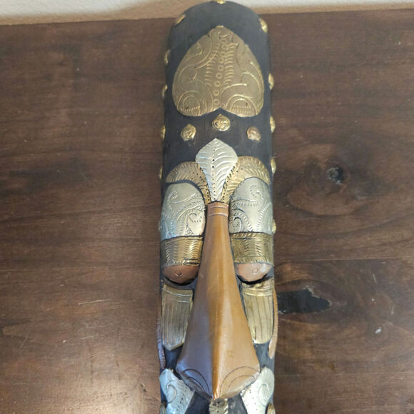 Handmade Vintage Long Face Brass and Wooden Wall Art - Picture 2 of 5